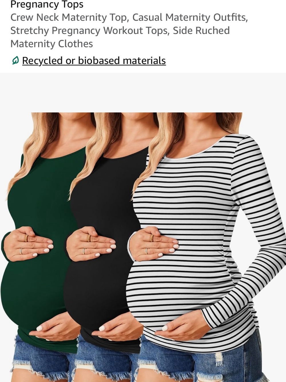 Long Sleeve Maternity Crew Neck Top - Black, Green, White/Black Stripe